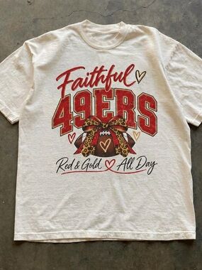 Faithful 49ers Red & Gold Shirt, Football Graphic Tee - Off White Unisex